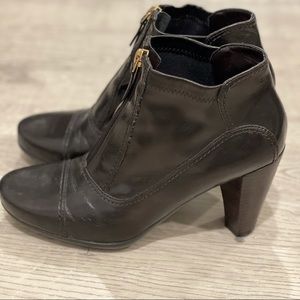 Franco Sarto Dark brown shiny booties.